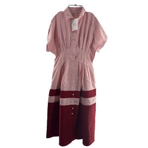 Women's Summer Button Down Shirt Dress Casual V Neck Short Sleeve Size S Pink..